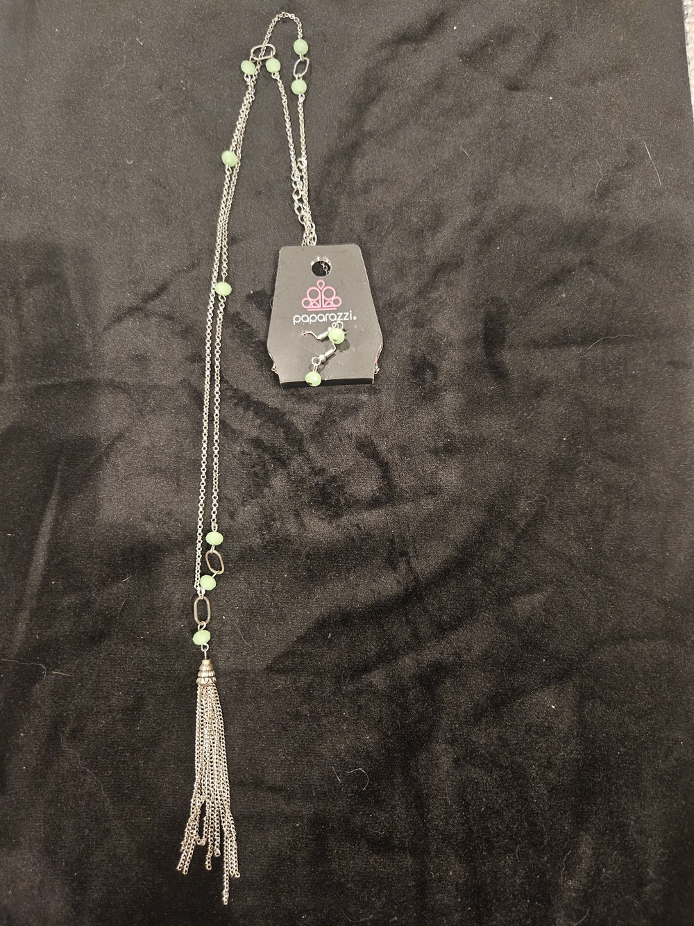 Paparazzi Silver Tassel Necklace with Light Green Beads